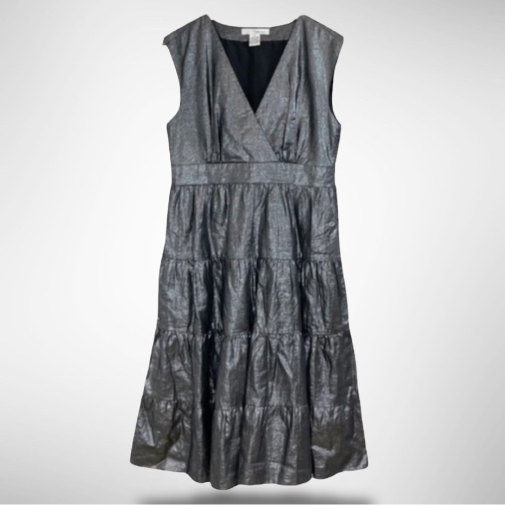WD.NY Empire Style Sleeveless V-Neck Gray Metallic Ruffle Dress